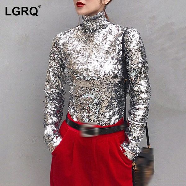 

women's t-shirt [lgrq] women silver sequins high street slim turtleneck neck long sleeve fashion tide spring summer 2021 19d1074, White