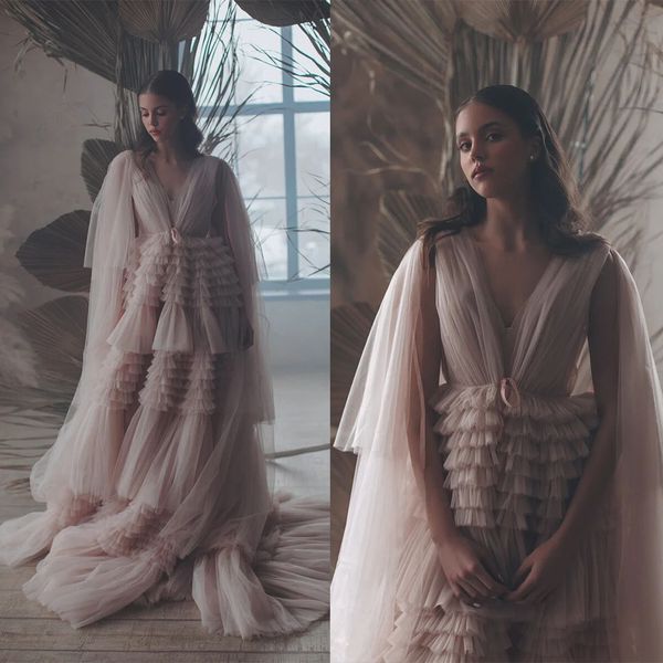 

bridal maternity sleepwear robes ruffled long sleeve floor length tulle sheer party dress for p shoot custom made, White