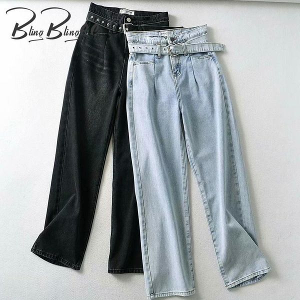 

women's jeans blingblingee autumn women long folds front high waist casual straight denim pants with belted female trousers 2021, Blue