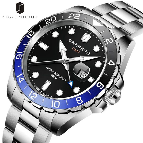 

wristwatches sapphero mens watch 100m waterproof swiss quartz movement stainless steel luxury stylish sport clock gmt watches reloj hombre, Slivery;brown
