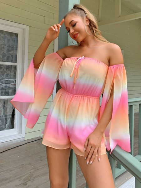 

joyfunear split bell sleeve tie dye bardot romper w0zw#, White