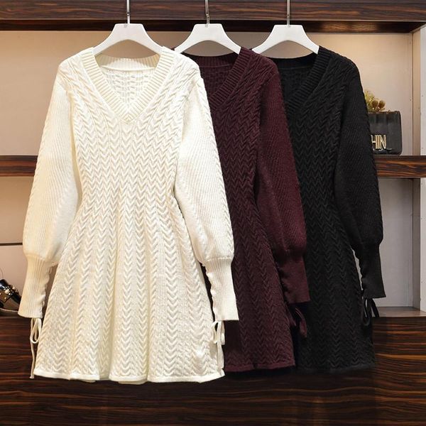 

casual dresses cbafu women's slim v-neck knitted loose long sleeved twist pattern pullover sweater dress knitting jumper vestidos q020, Black;gray