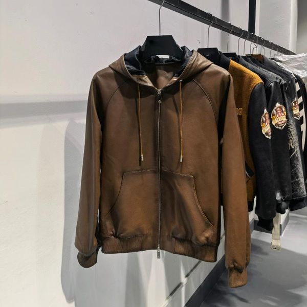 

men's jackets andonaimi sheepskin leather hooded top, Black;brown