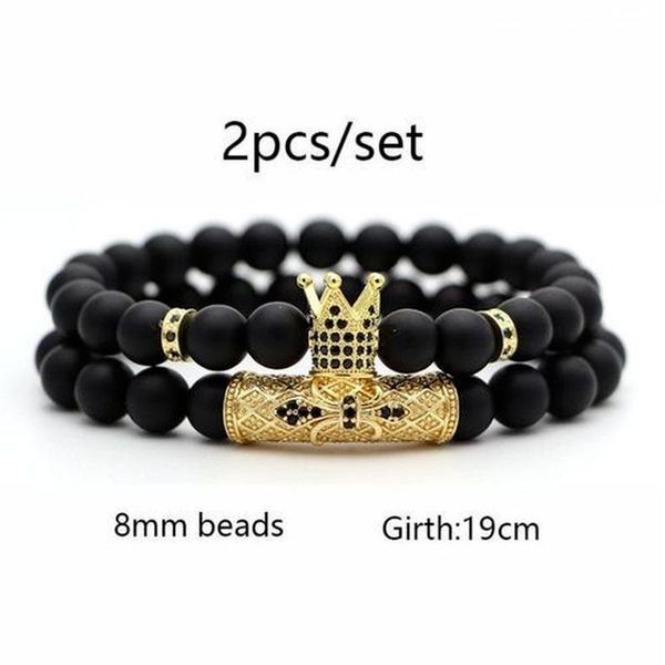 

beaded, strands 2 pieces/set of natural stone beaded men's bracelets cz small crown and spherical bracelet classic matte black jewelry