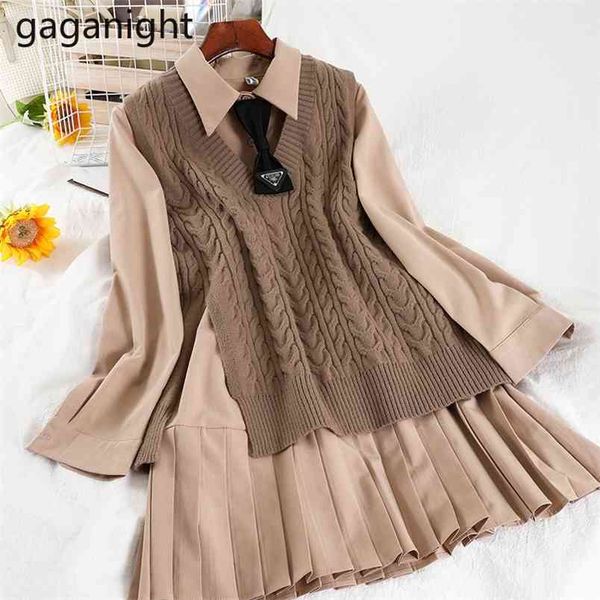 

fashion women two pieces set long sleeve solid mini short dress loose vest chic korean students outfits spring 210601, White