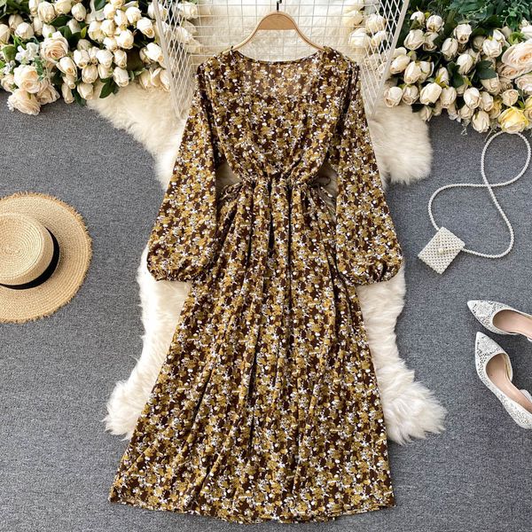 

french style autumn and winter all-match temperament square collar slim mid-length retro floral dress women 210514, Black;gray