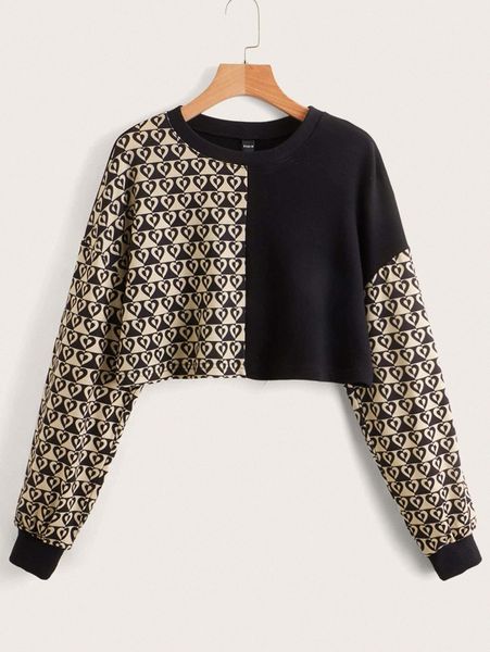 

heart pattern contrast binding crop sweatshirt w0l2#, White;black