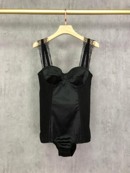 

4.24 spaghetti strap corset bodysuits patchwork lace black jumpsuits, Black;white