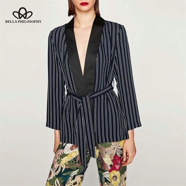 

autumn winter coat women fashion patwork stripe outwear female casual long sleeve sashes coat jacket 210519, Black;brown