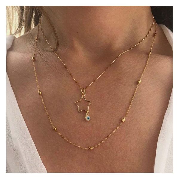 

chains hahagirl evil eye multilayer necklaces for women bohemian vintage gold star chain choker bead party jewelry, Silver