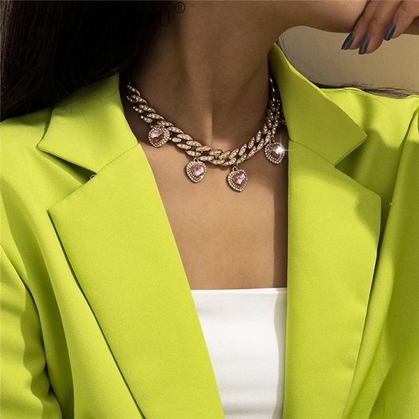 

pendant necklaces punk hip hop cuban link chain heart choker necklace iced out rapper crystal fashion bling rhinestone jewelry, Silver