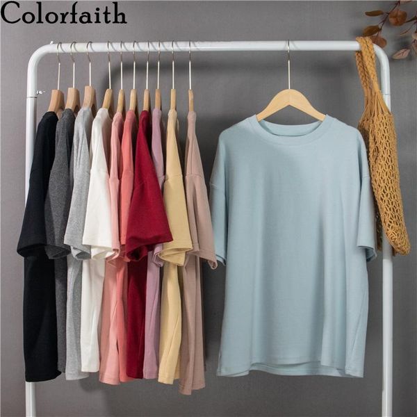 

colorfaith 2021 women spring summer t-shirts solid bottoming oversize fashionable minimalist korean wild lady t1789 women's t-shirt, White