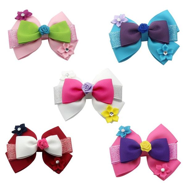 

hair accessories 10pcs 5 inch flowers grosgrain ribbon boutique bows cartoon bow with hairpins ornaments for kid, Slivery;white