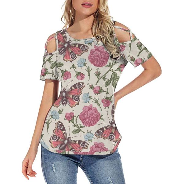 

fashion women t shirt summer casual short sleeve strappy cold shoulder t-shirt floral printe ladies y2k clothing women's, White