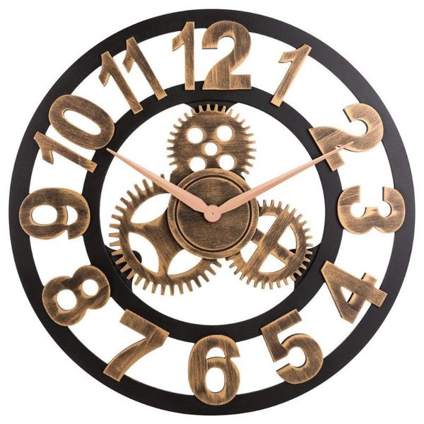 

wall clocks clock 3d retro rustic vintage wooden 23-inch noiseless gear number ancient gold