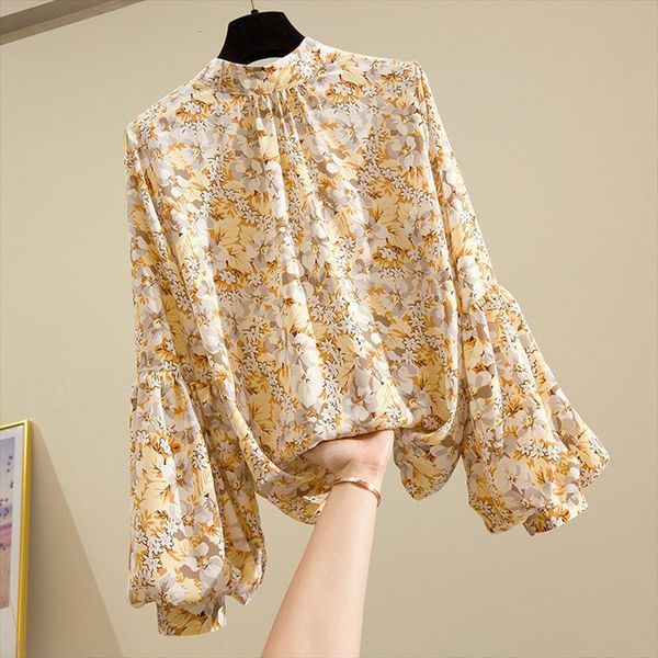 

spring summer stand up collar womens shirts lantern sleeve chiffon korean wild fashion floral blouse women gd448, White