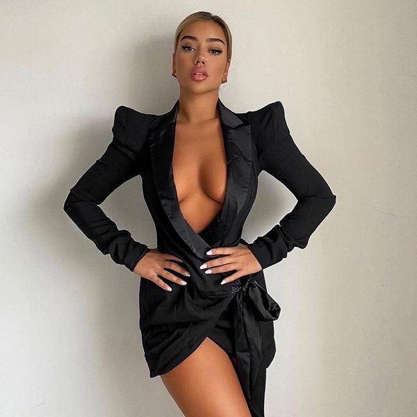 

casual dresses elegant fashion notched collar lace-up ruched blazers dress autumn chic padded shoulder long sleeve suit office party, Black;gray