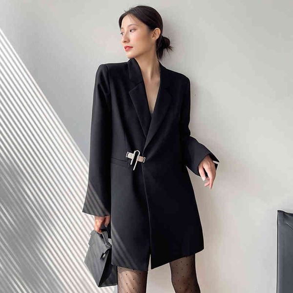 

women's suits & blazers [eam] women black irregular buckle big size blazer lapel long sleeve loose fit jacket fashion spring autumn 202, White;black