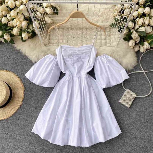 

chic women fashion slash neck short flare sleeve high waist slim a-line dress female solid color elegant vestido r644 210527, Black;gray