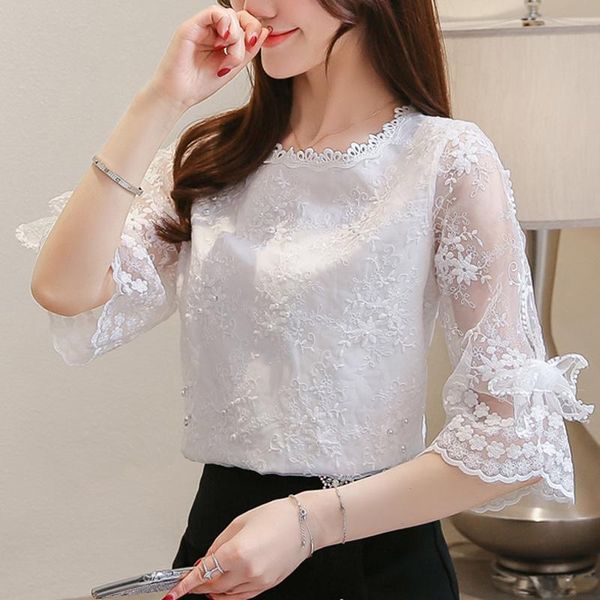 

women's blouses & shirts women blouse o neck summer 2022 lace loose fashion hollow bow half sleeve chiffon embroidery mesh beading ladi, White
