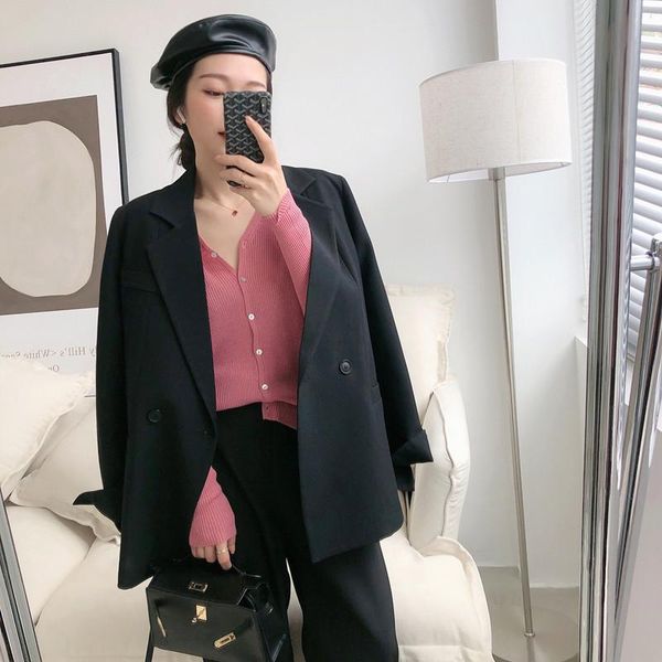 

women's suits & blazers autumn solid color elegant blue blazer women jacket korean style loose v-neck long sleeve cardigan, White;black