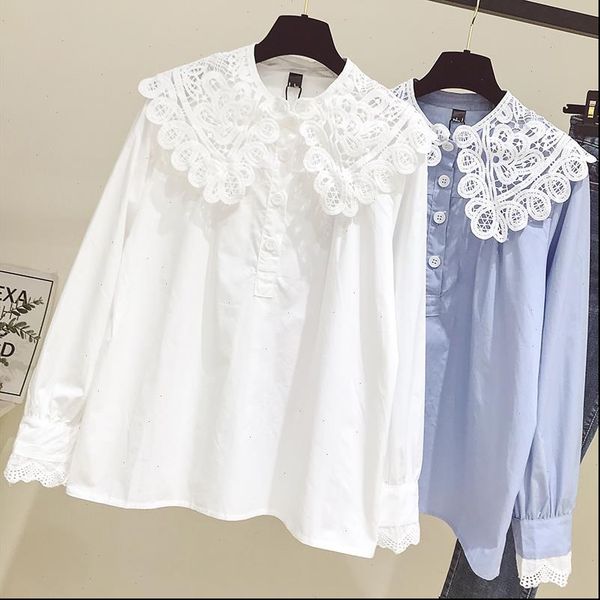 

lace lapel women shirt long sleeve womens fall korean loose casual blouse fashion street large size white blue