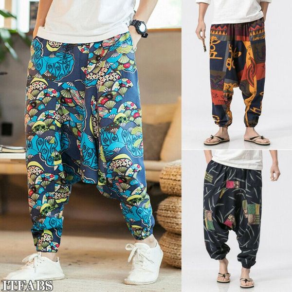 

men's pants baggy trousers 2021 casual loose cross-pants hippie yoga martial art print m-3xl, Black