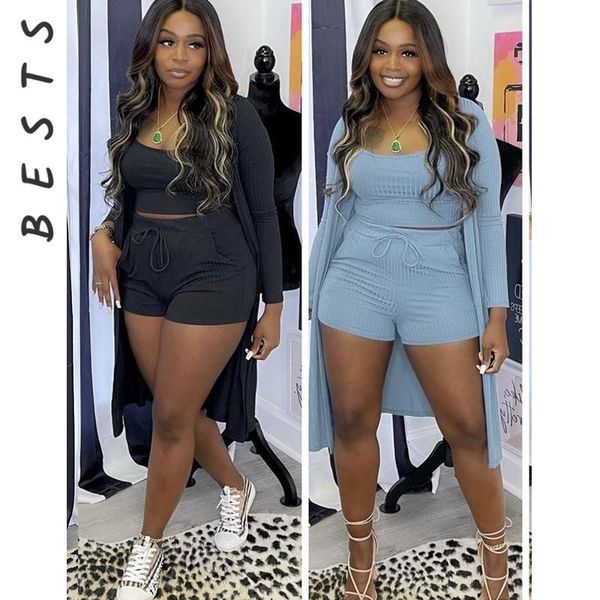 

women's tracksuits women vintage streetwear plus size three piece set solid slim knitted vest+ cardigan+high waist shorts outfits 2021, Gray