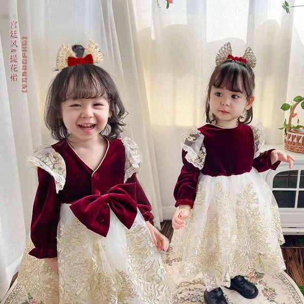 

girls' one year old autumn and winter new court spanish long sleeved velvet princess dress foreign style children's, Red;yellow