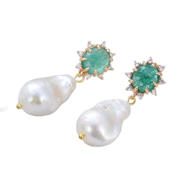 

guaiguai jewelry natural cultured white baroque pearl green jades dangle earrings handmade for women real gems stone lady fashion jewellry, Silver