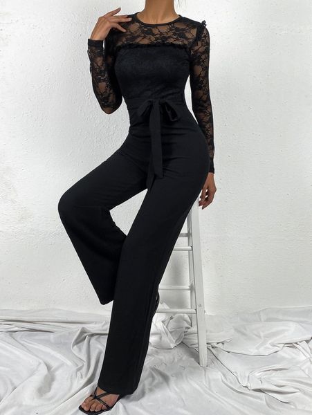 

lace insert belted flare leg jumpsuit a4j5#, White