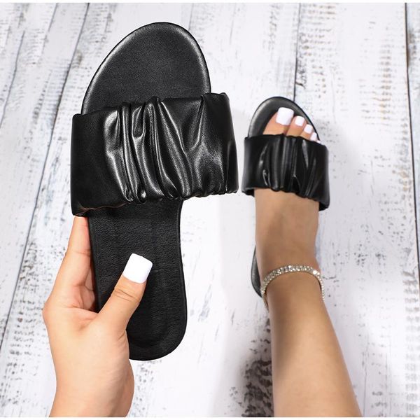 

women flat slippers ladies pleated pu leather beach shoes woman casual slipper female fashion footwear slides summer 2021, Black