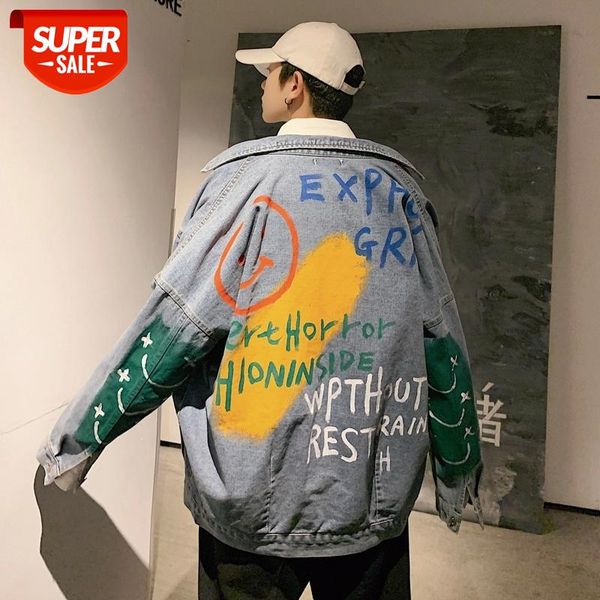 

2020 men's fashion streetwear denim jacket doodle printing loose cowboy coats high-quality blue/black color outerwear size -2xl #gu5r, White;black
