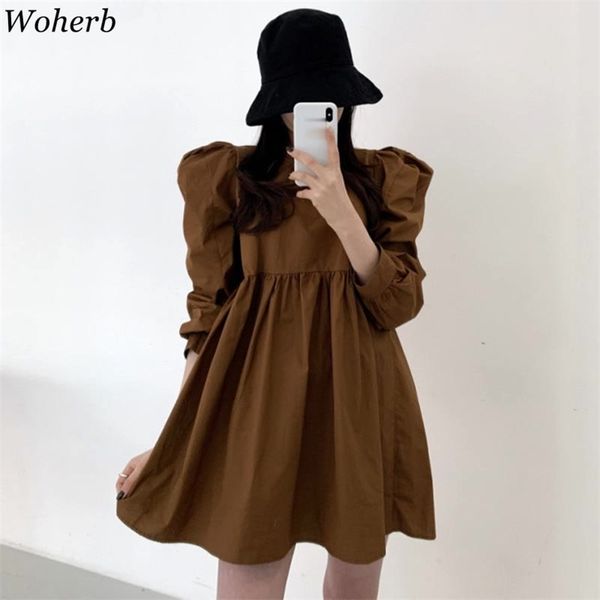 

stylish gentle chic loose solid cake dress women long puff sleeve vestidoes sweet all match retro mini dresses 210519, Black;gray