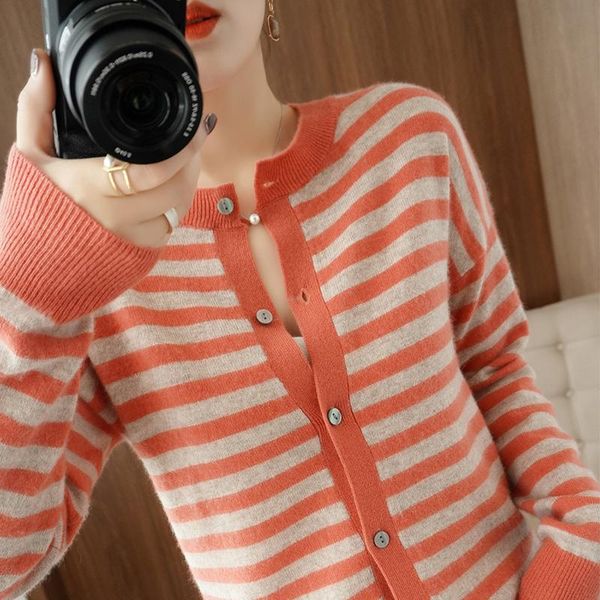 

women's knits & tees spring and autumn style 100% wool striped knit cardigan ladies round neck long sleeve loose sweater all-match jack, White