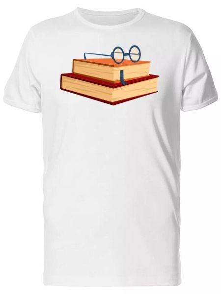 

books stacked with round glasses men's tee -image by shutterstock, White;black