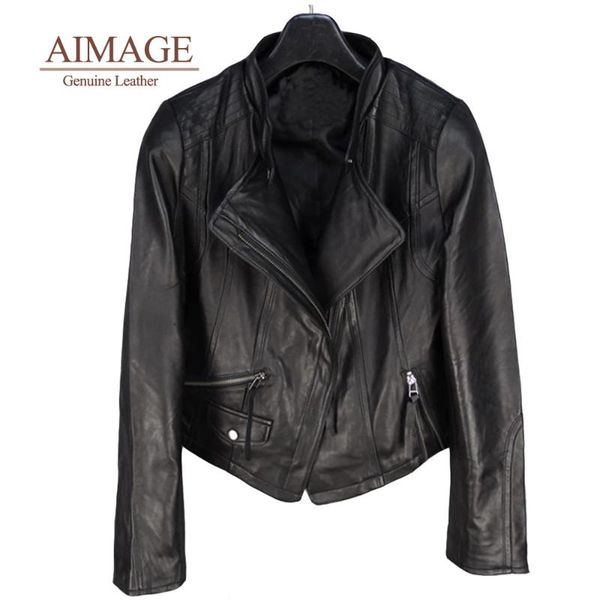 

women's leather & faux lady sheepskin jacket 100% soft motorcycle overcoats natural mutil-zipper vintage slim high chaquetas para mujer, Black