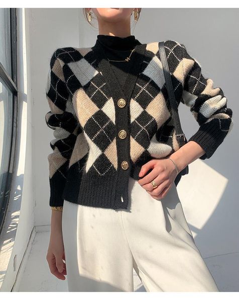 

women's knits & tees dewadbow autumn winter v-neck loose cardigans women single breasted casual argyle plaid sweater female long sleeve, White