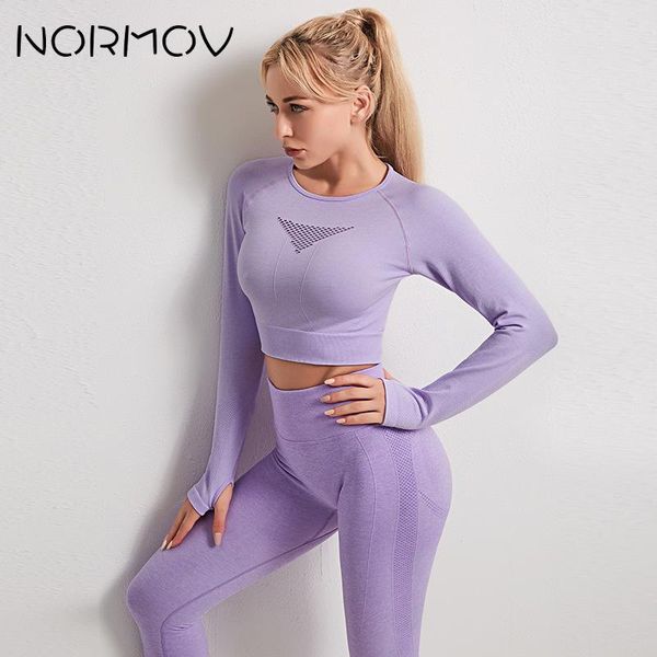 

yoga outfit normov gym 2 piece set women sport suit seamless hollow out fitness long sleeve crop high waisted workout leggings