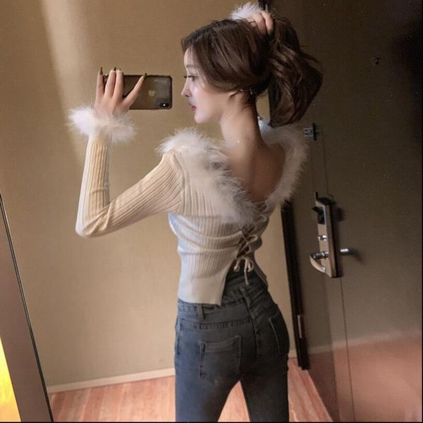 

back lace up plush women sweater stitching large v neck long sleeved knit bottoming ladies club ml259, White;black