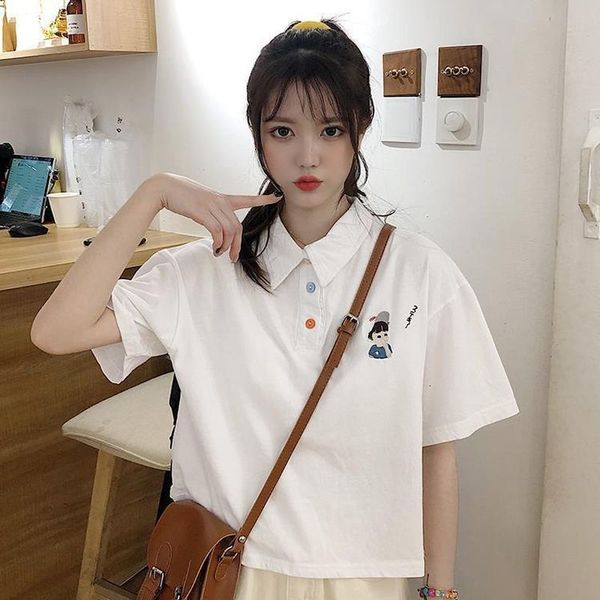 

women's t-shirt loose short sleeve t-shirt, korean skirt bf, beautiful embroidered lapel style, summer 2021, White