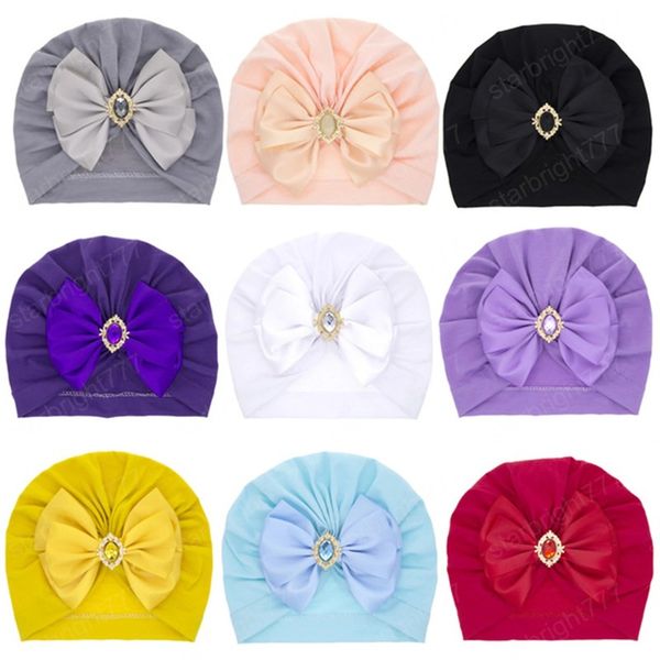 

cute newborn baby girls rhinestone turban caps infant toddler simple shiny solid color big bowknot beanie hat headwraps, Yellow