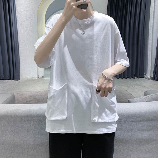 

men's t-shirts 2021 summer shirts big pocket loose short sleeve t-shirt men student daily tees o-neck casual t shirt clothing, White;black