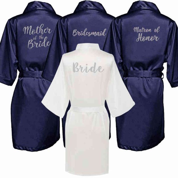 Pigiama in raso kimono con lettera blu navy argento, abito da sposa, damigella d'onore, sorella, madre della sposa