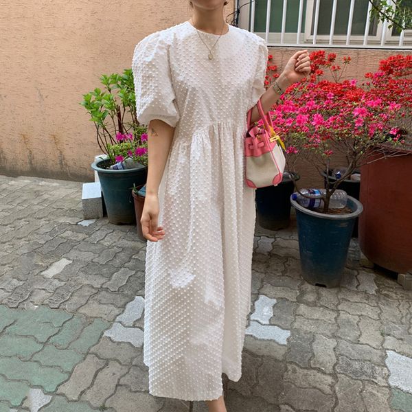 Maxikleider für Frauen Puffärmel Koreanischer Stil Langes weißes Kleid Sommer Elegante beiläufige lose Kleider Frau Kleidung 210521