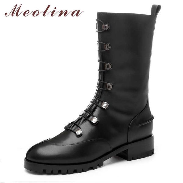 

meotina autumn mid calf boots women natural genuine leather thick heel boots fashion round toe shoes female winter beige size 39 210608, Black