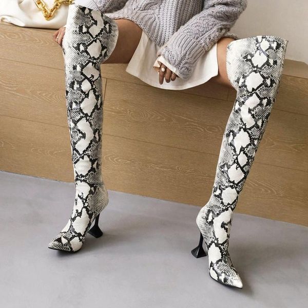 

boots 2021 stiletto snake print over the knee women zipper faux leather thigh autumn winter pointed toe women's, Black