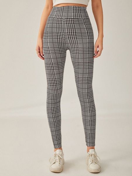 

houndstooth wide waistband leggings v08w#, Black
