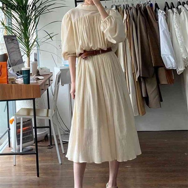 

vintage solid pleated elegant women dress summer korean style puff sleeve party long dresses vestidos 210519, Black;gray