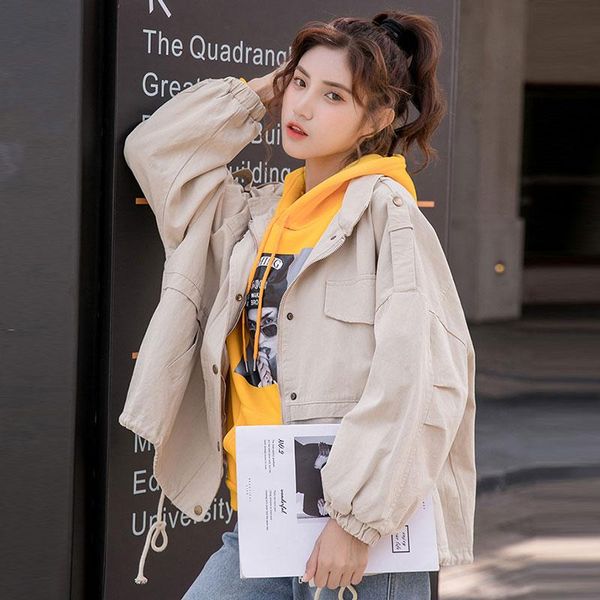

women's jackets korean plus size bomber jacket 2021 spring autumn harajuku loose casual solid color tooling vetement femme z509, Black;brown